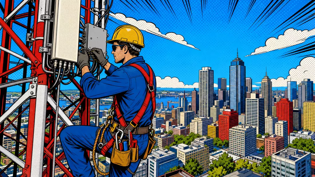 Pop-Art-Comic zeigt Techniker auf Funkturm mit Werkzeuggürtel vor Stadtskyline