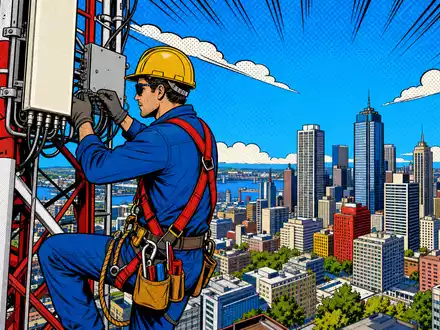 BT Group plc (ISIN GB0030913577) wird als Pop-Art-Comicszene mit Techniker auf Funkturm vor Skyline dargestellt - Foto: THN