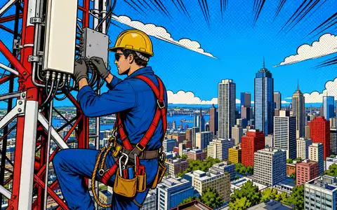 BT Group plc (ISIN GB0030913577) wird als Pop-Art-Comicszene mit Techniker auf Funkturm vor Skyline dargestellt - Foto: THN
