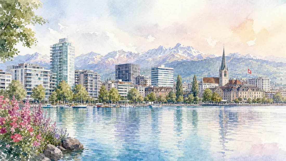Aquarellmalerei einer Schweizer Seepromenade mit Wohn- und Bürogebäuden