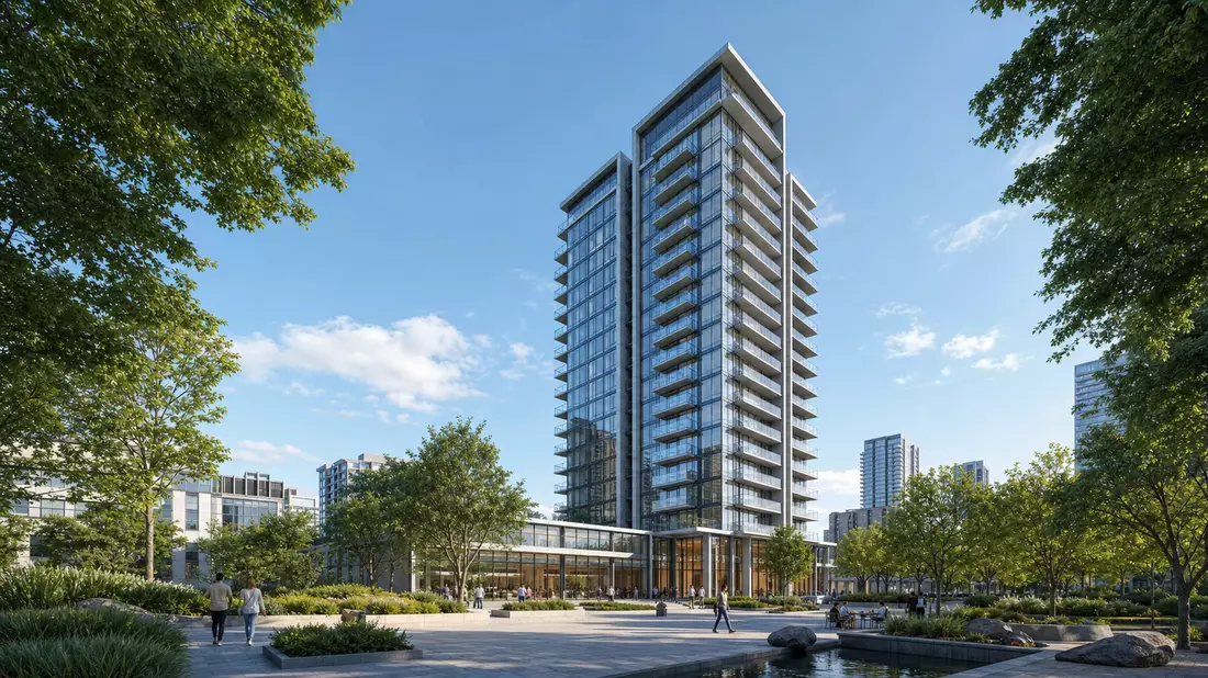3D-Architekturvisualisierung eines modernen Wohnhochhauses mit Glasfassade