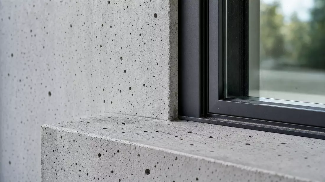 Makrofotografie einer Betonfassade mit Fensterrahmen im Detail