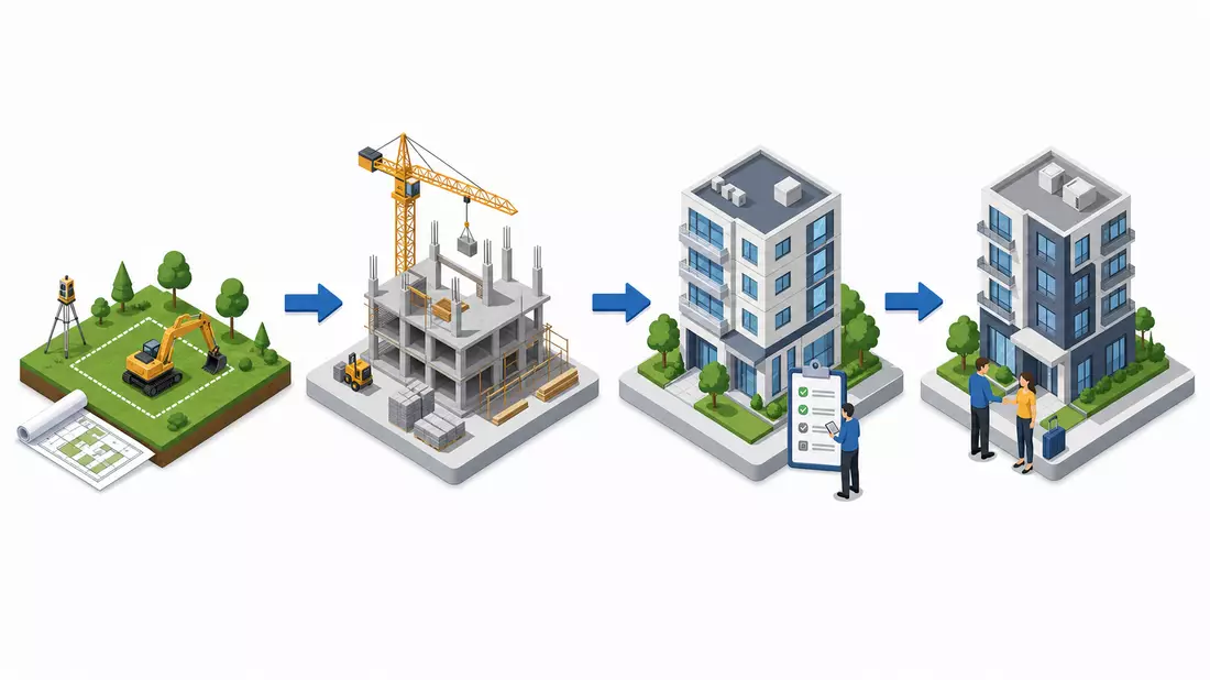 Isometrische Illustration der Immobilien-Wertschöpfungskette von Bau bis Verkauf