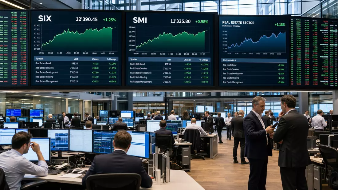 Trading-Floor mit digitalen Kurstafeln zu SIX, SMI und Immobiliensektor-Charts