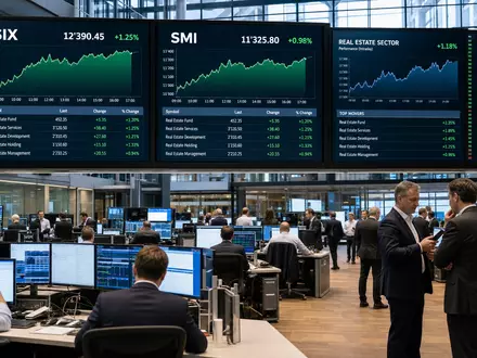 Börsen-Editorial vom Trading-Floor mit SIX- und SMI-Charts bezieht sich auf Mobimo Holding AG CH0011108872 - Foto: THN