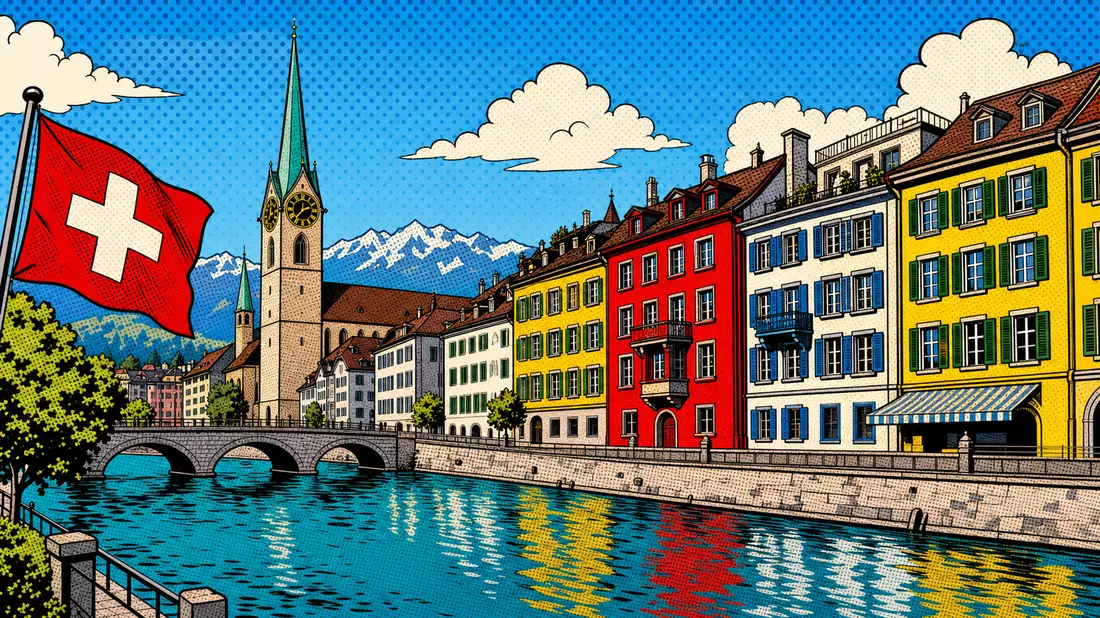 Farbenfrohe Pop-Art-Comic-Illustration einer Schweizer Altstadt am Fluss