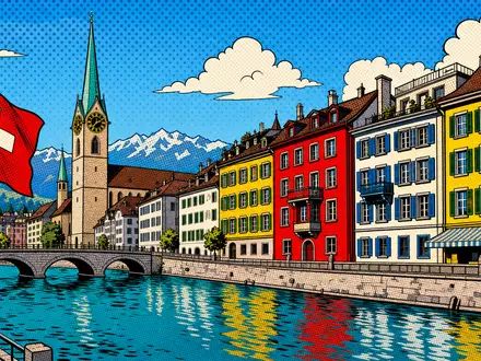 Pop-Art-Comic einer Schweizer Stadt am Fluss visualisiert das Marktumfeld der Mobimo Holding AG CH0011108872 - Foto: THN