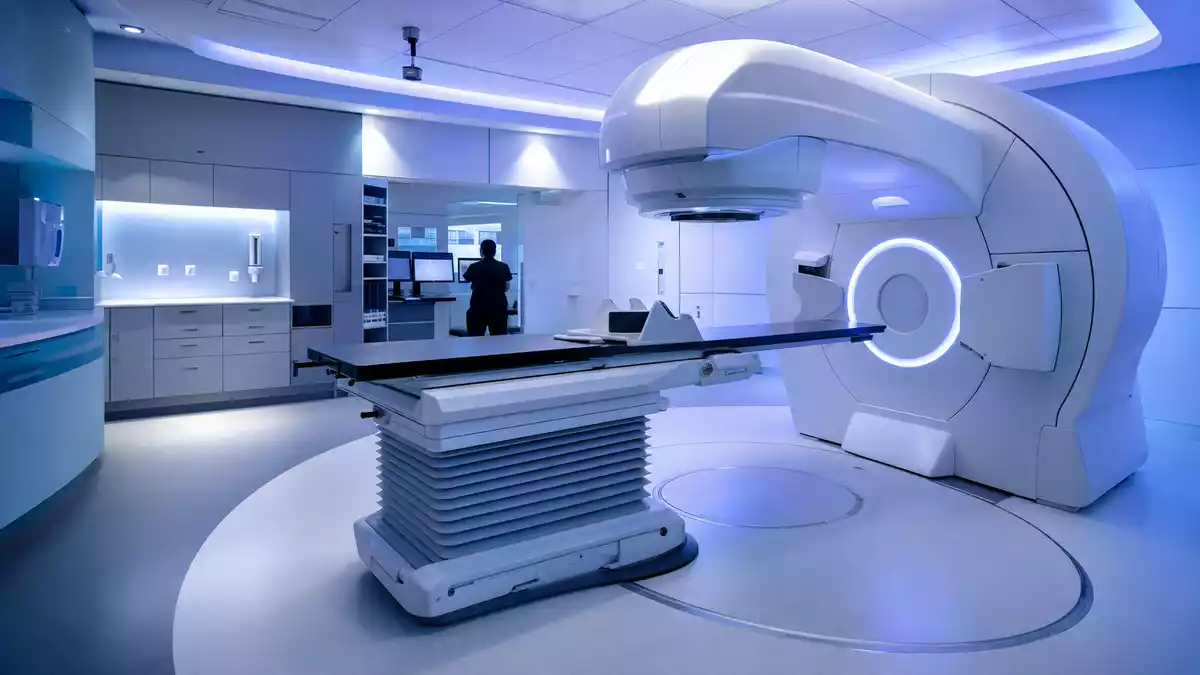 Moderner Bestrahlungsraum mit High-Tech-Linearbeschleuniger in blauem Klinik-Ambiente
