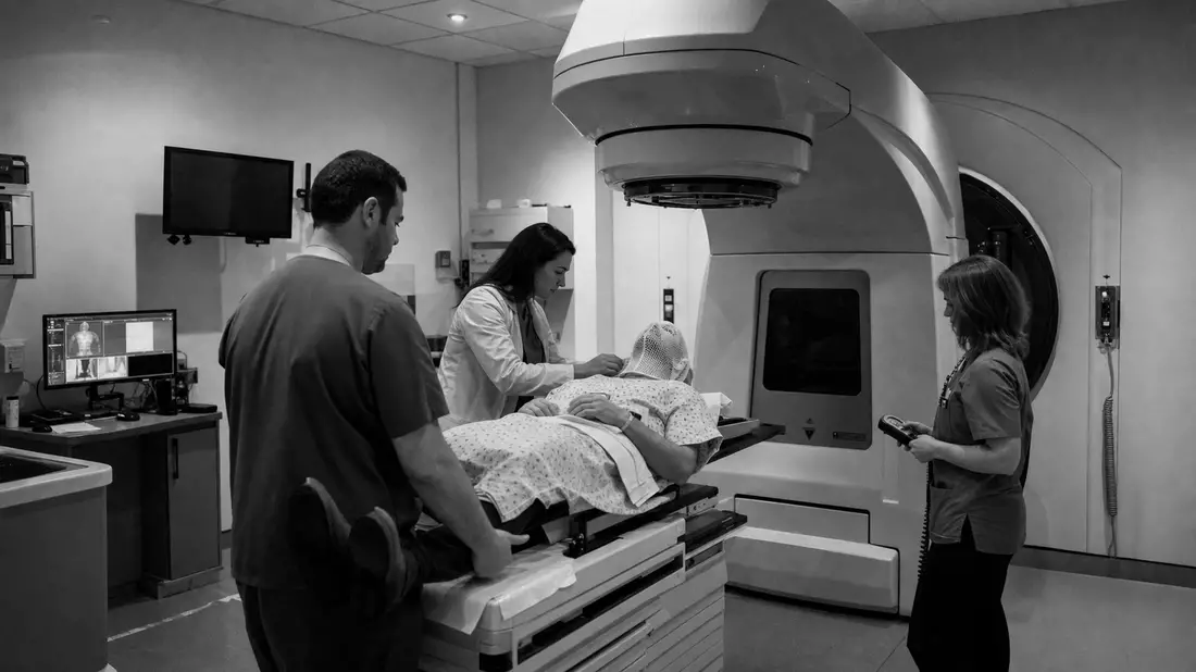 Schwarzweiß-Reportagefoto von medizinischem Team bei Strahlentherapie-Vorbereitung