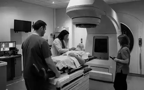Dokumentarische Schwarzweiß-Reportage über Elekta AB SE0000163628 zeigt Klinikteam bei Vorbereitung einer Strahlentherapie-Behandlung - Foto: THN