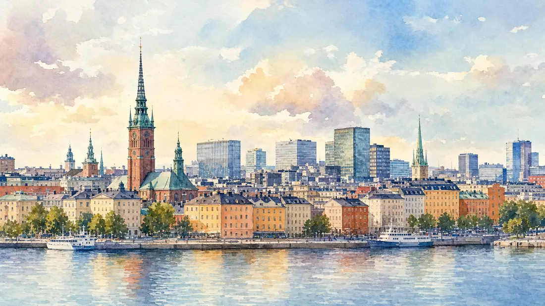 Aquarellbild der Stockholmer Skyline mit Wasserfront in Pastelltönen