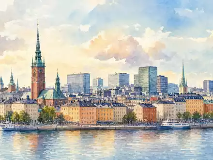 Aquarellmalerei der Stockholmer Skyline symbolisiert den Hauptsitz von Elekta AB SE0000163628 mit sanften pastellfarbenen Wasserfarben - Foto: THN