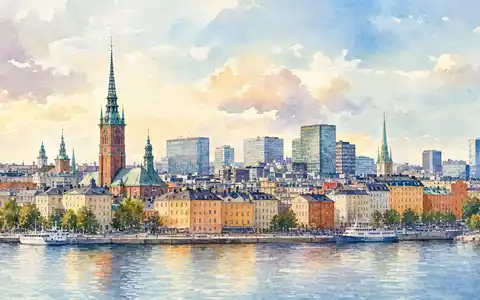 Aquarellmalerei der Stockholmer Skyline symbolisiert den Hauptsitz von Elekta AB SE0000163628 mit sanften pastellfarbenen Wasserfarben - Foto: THN