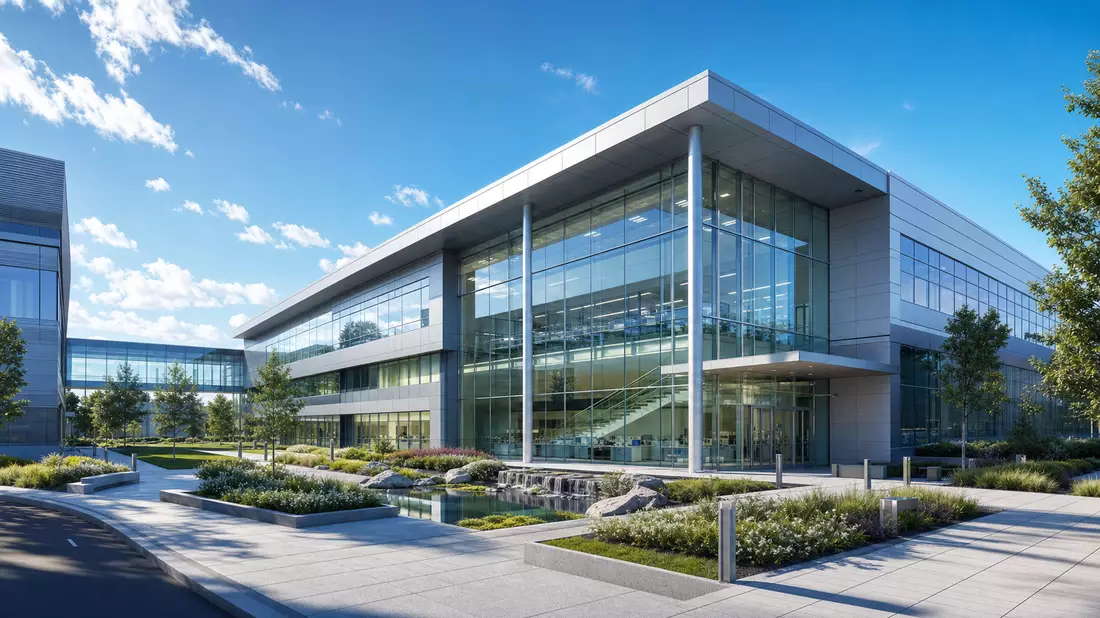 Modernes gläsernes Forschungsgebäude mit Glasfassade in architektonischem 3D-Render