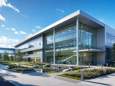 Architektonisches 3D-Render eines modernen Forschungsgebäudes repräsentiert die Innovationskraft von Elekta AB SE0000163628 in der Medizintechnik - Foto: THN