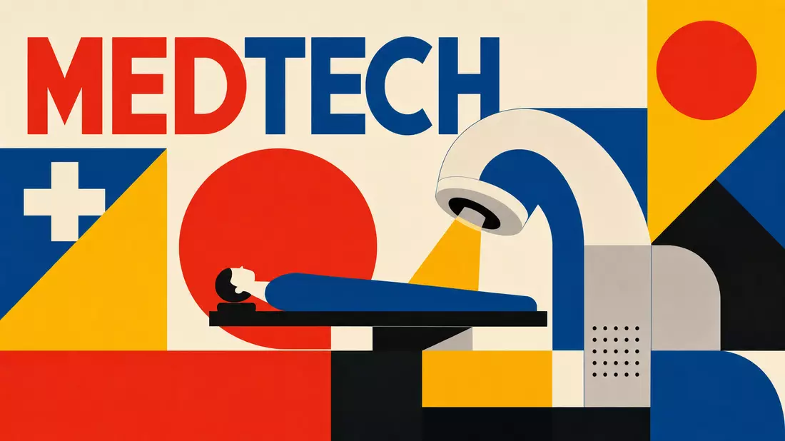 Bauhaus-Poster mit geometrischen Formen und Schriftzug MEDTECH in kräftigen Farben
