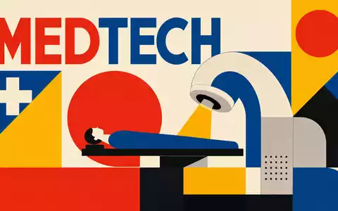 Geometrisches Bauhaus-Poster mit Sektor-Schriftzug MEDTECH visualisiert abstrakt das Geschäftsfeld von Elekta AB SE0000163628 - Foto: THN