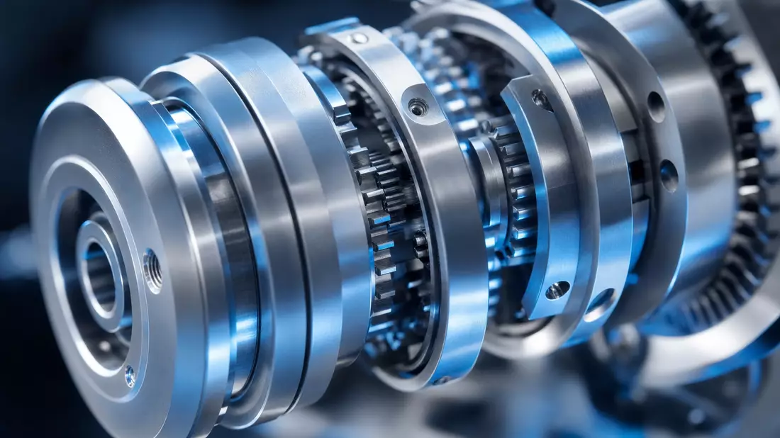 Extreme Makroaufnahme präziser metallischer Zahnräder und Bauteile in kühlem Blaulicht
