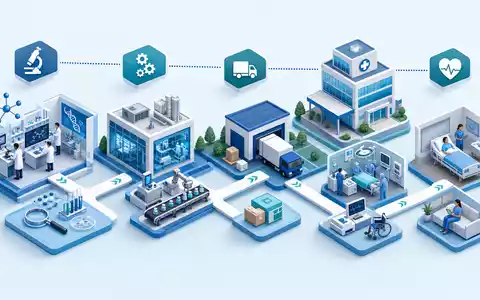 Isometrische 3D-Illustration der Wertschöpfungskette veranschaulicht den Weg von Forschung bis Patientenversorgung bei Elekta AB SE0000163628 - Foto: THN