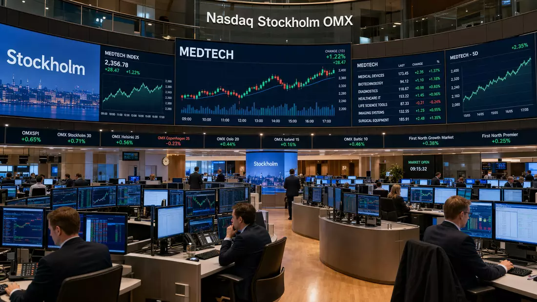 Trading-Floor in Stockholm mit Bildschirmen und Charts der Medizintechnik-Branche