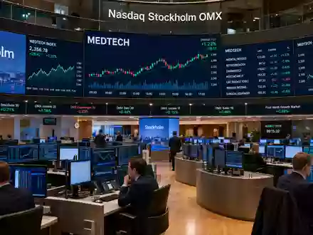 Börsen-Editorialfoto vom Handelsraum in Stockholm zeigt Sektor-Charts der Medizintechnik-Branche fĂŒr Anleger von Elekta AB SE0000163628 - Foto: THN