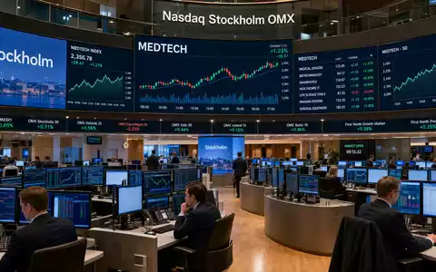 Börsen-Editorialfoto vom Handelsraum in Stockholm zeigt Sektor-Charts der Medizintechnik-Branche für Anleger von Elekta AB SE0000163628 - Foto: THN