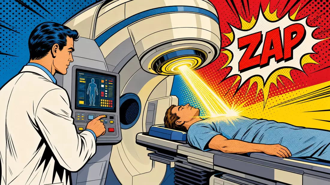 Pop-Art-Comic zeigt Arzt und stilisierte Bestrahlungsmaschine mit ZAP-Effekt