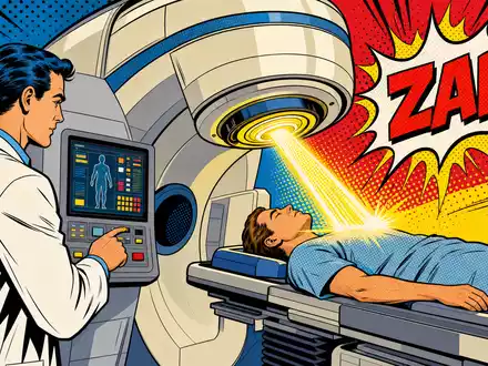 Farbenfrohe Pop-Art-Comic-Szene mit stilisierter Bestrahlungsmaschine symbolisiert humorvoll das Kerngeschäft von Elekta AB SE0000163628 - Foto: THN