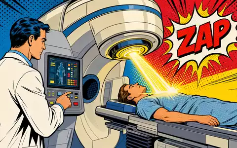 Farbenfrohe Pop-Art-Comic-Szene mit stilisierter Bestrahlungsmaschine symbolisiert humorvoll das Kerngeschäft von Elekta AB SE0000163628 - Foto: THN