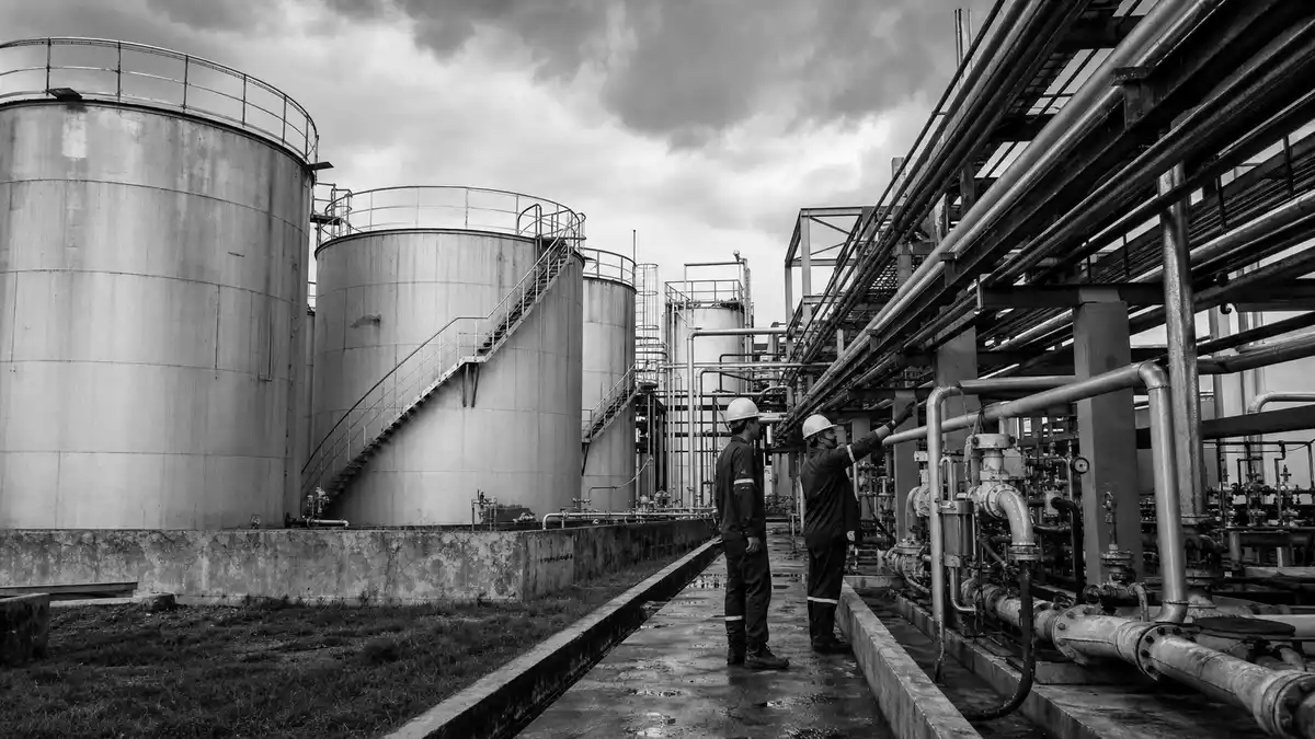 Schwarzweiß-Reportagefoto von Mitarbeitern an Industrietanks einer Ölfabrik