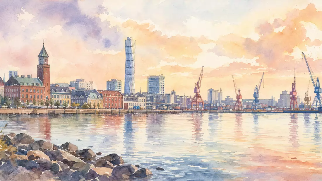 Aquarellbild der Hafenstadt Malmö mit Skyline und Hafenkränen im Abendlicht