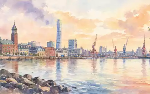 Aquarellmalerei der Hafenstadt Malmö, Heimat von AAK AB (ISIN SE0011337708), mit Kränen und Skyline - Foto: THN