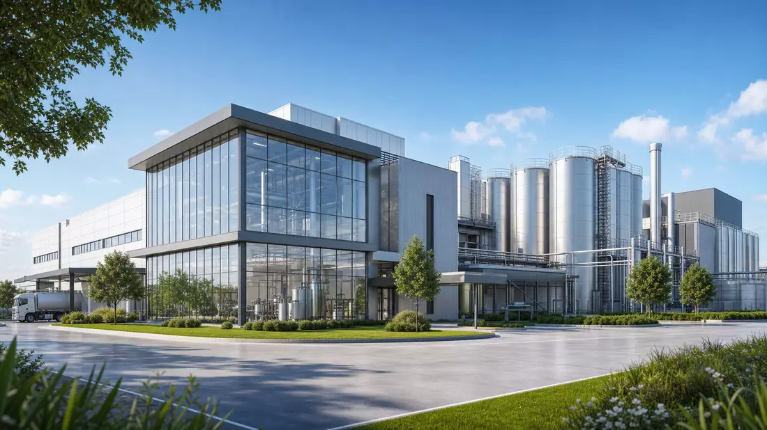3D-Render einer modernen Fabrikanlage mit Glasfassade und Silotürmen