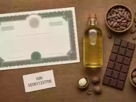 Flatlay mit Aktienzertifikat, ISIN-Karte SE0011337708 und Rohstoffen der Branche von AAK AB - Foto: THN
