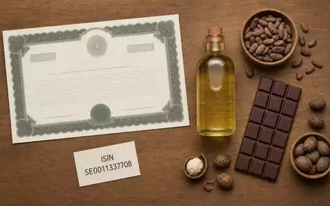 Flatlay mit Aktienzertifikat, ISIN-Karte SE0011337708 und Rohstoffen der Branche von AAK AB - Foto: THN