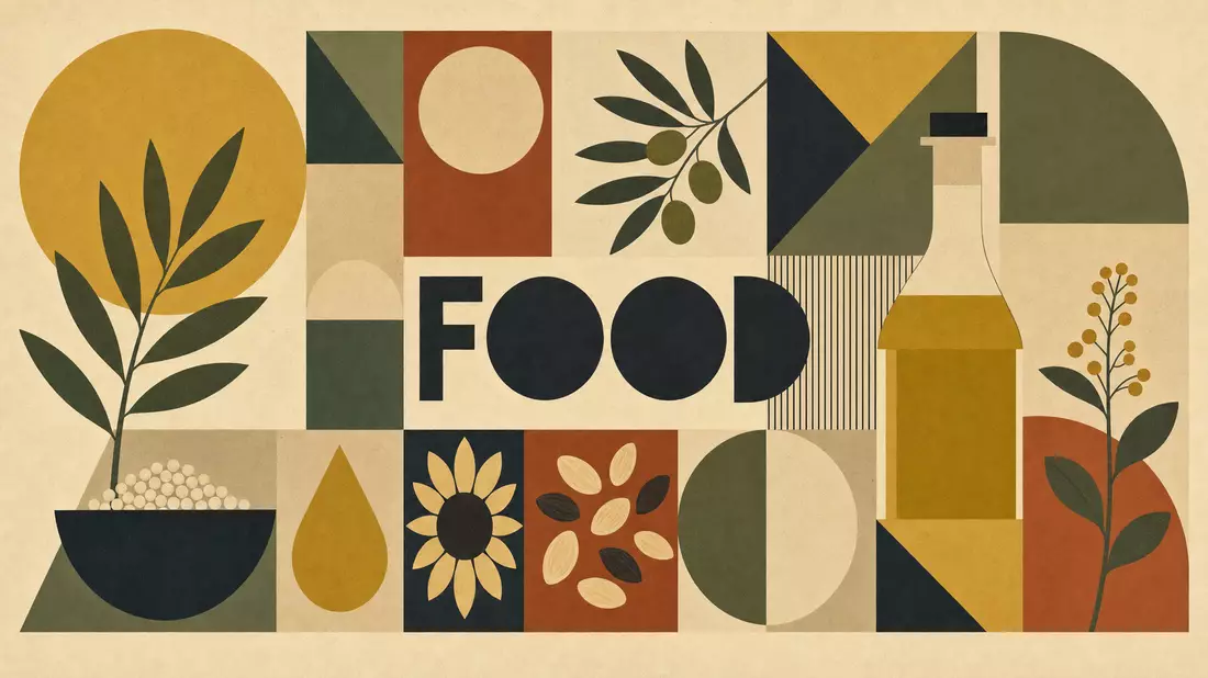 Bauhaus-Poster mit geometrischen Formen, Pflanzenmotiven und dem Wort FOOD