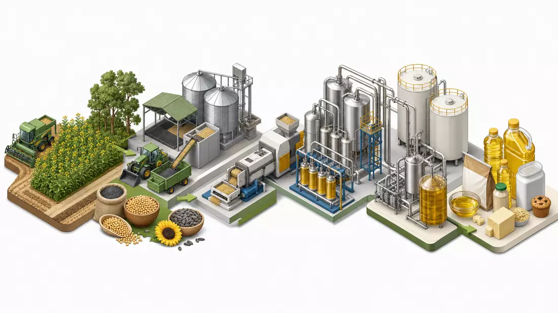 Isometrische Illustration der Produktionskette von Pflanzenölen vom Feld bis zum Endprodukt