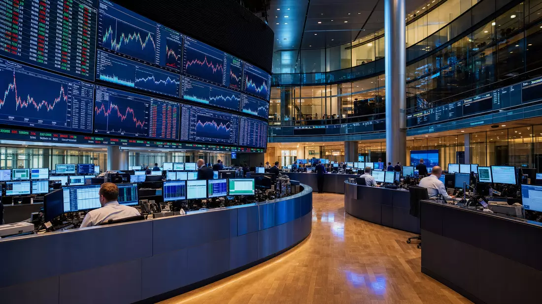 Trading-Floor mit großen Bildschirmen und Aktienkurs-Charts im Handelssaal
