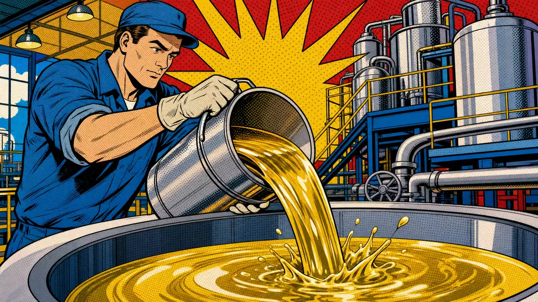 Pop-Art-Comic eines Fabrikarbeiters, der goldenes Öl in einen großen Behälter gießt