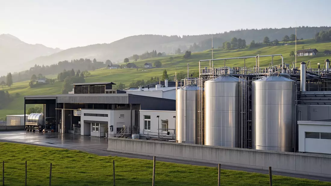 Fotorealistische Molkereianlage mit Silotanks in grüner Schweizer Hügellandschaft