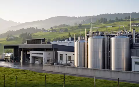 Fotorealistische Aufnahme einer Molkereianlage zeigt die Branche von Emmi AG, ISIN CH0012829898, in Schweizer Landschaft - Foto: THN