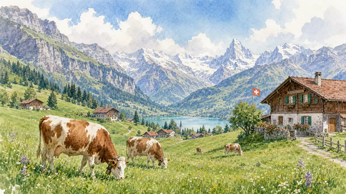 Aquarellbild einer Schweizer Alpenlandschaft mit weidenden Kühen und Bauernhäusern