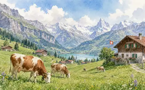 Aquarellmalerei zeigt Schweizer Alpenlandschaft mit Kühen, thematisch verbunden mit Emmi AG, ISIN CH0012829898, Milchwirtschaft - Foto: THN