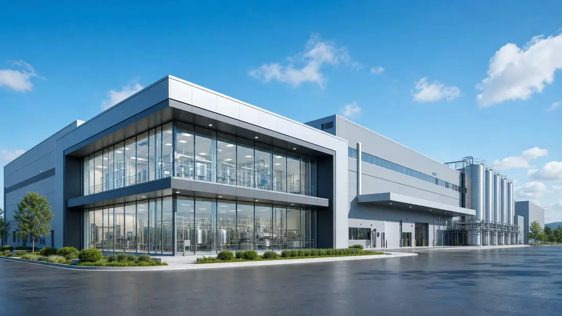 3D-Architekturvisualisierung einer modernen Lebensmittelfabrik mit Glasfassade