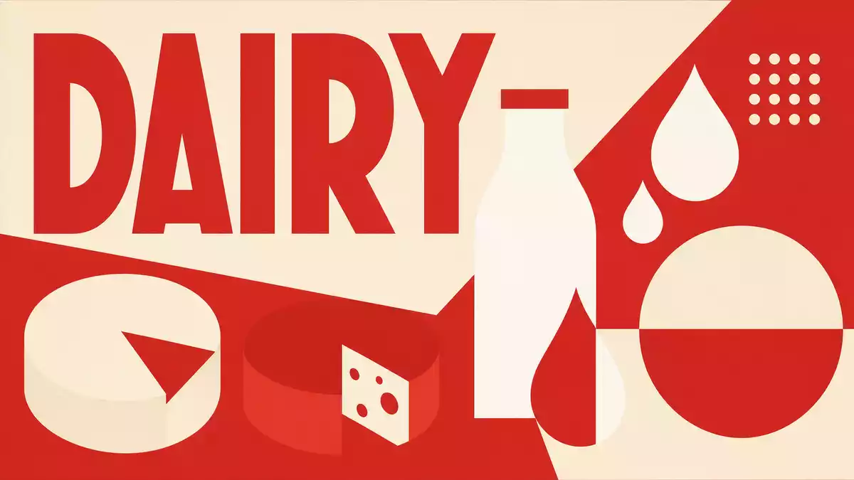 Bauhaus-Poster mit geometrischen Formen, Käse, Milch und dem Text DAIRY