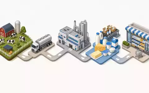 Isometrische 3D-Grafik zeigt Wertschöpfungskette der Milchindustrie, passend zu Emmi AG, ISIN CH0012829898, vom Bauernhof - Foto: THN