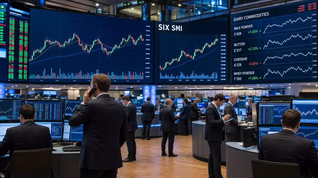 Trading-Floor mit Bildschirmen zeigt SIX SMI und Milchrohstoff-Charts, Händler im Anzug