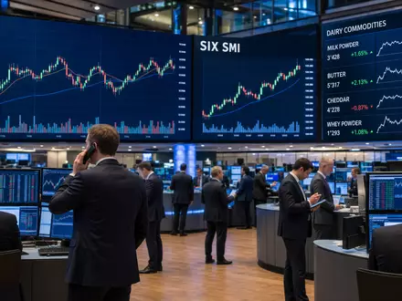Börsen-Editorial-Foto vom Trading-Floor mit SIX SMI Charts symbolisiert Handel mit Emmi AG, ISIN CH0012829898 - Foto: THN