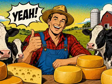 Pop-Art-Comic-Illustration mit Bauer und Kühen visualisiert humorvoll die Branche von Emmi AG, ISIN CH0012829898 - Foto: THN