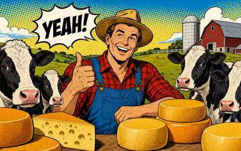 Pop-Art-Comic-Illustration mit Bauer und Kühen visualisiert humorvoll die Branche von Emmi AG, ISIN CH0012829898 - Foto: THN